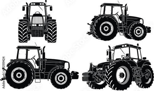 Agricultural tractor vector illustration, farm machinery front side rear views, heavy duty farming equipment outline design