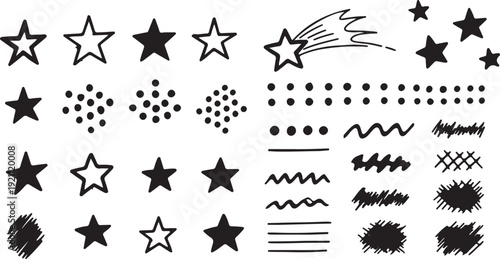 Black star shapes and decorative elements in various styles and textures on white background for graphic design