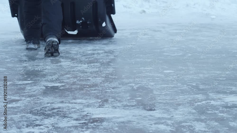 Icy Process Rear view of legs and a snow pusher walking away on an icy surface. The ...
