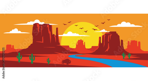 Vibrant desert landscape with rocky formations and serene river.
