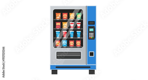 Blue vending machine with various snacks and drinks inside.