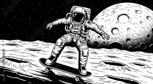 Astronaut skateboarding on moon surface with Earth in the background.