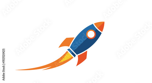Blue and Orange Rocket Ship Launching with Fire Trail