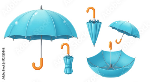 Blue umbrellas in various states of opening and closing.