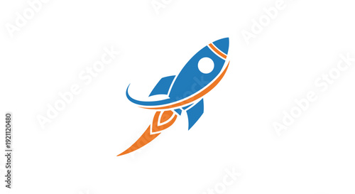 Blue and orange rocket ship launching into space with fiery exhaust