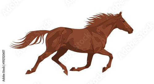 Brown Horse Galloping Isolated on White Background, Dynamic Motion