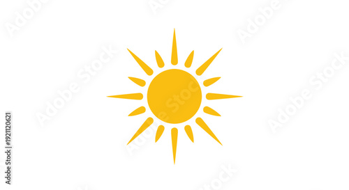 Bright Yellow Sun Icon with Sharp Rays on White Background