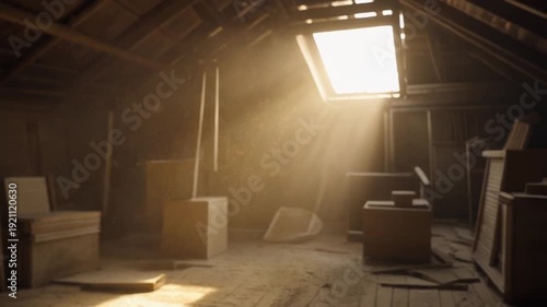 Sunlight in an attic with furniture and boxes