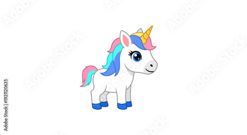 A cartoon unicorn with a colorful mane and blue hooves.