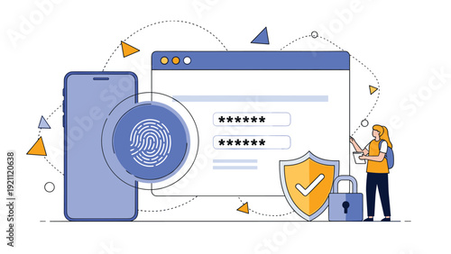 Digital security concept with biometric fingerprint authentication on smartphone screen and secure password login for data protection.