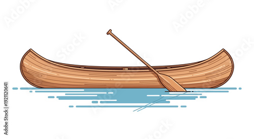 Canoe with Paddle Floating on Water - Vector Illustration