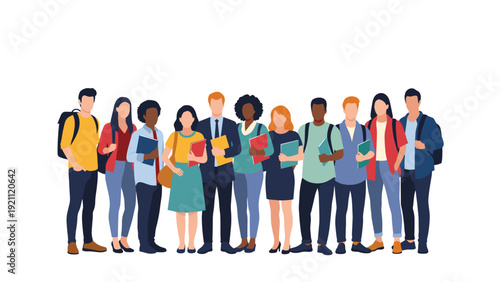 Diverse group of university students standing together holding books and folders representing higher education and college life.