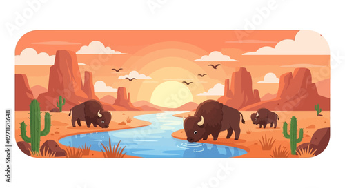 Bison drinking water in a desert landscape at sunset.