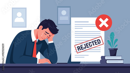 Sad businessman sitting at office desk crying because his job application or project proposal was marked with a red rejected stamp.