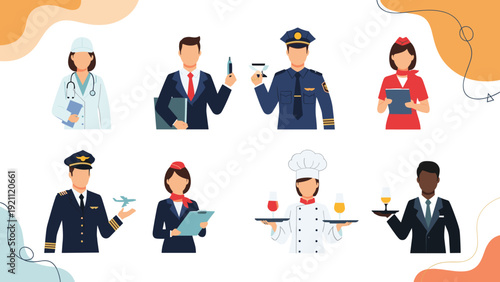 Collection of professional people icons including doctor, businessman, police officer, flight attendant, pilot, chef and waiter.