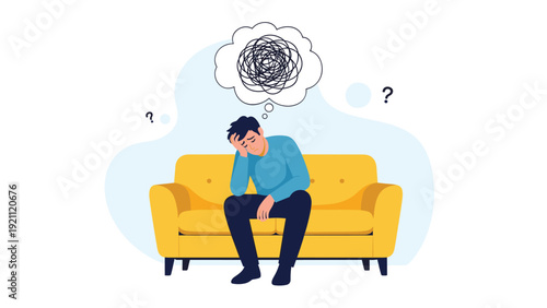 Lonely man sitting on yellow sofa looking depressed with tangled messy thought bubble over head representing mental health issues.