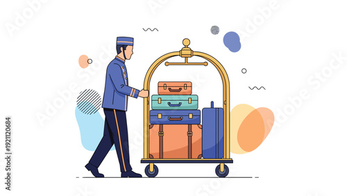 Hotel bellhop in blue uniform pushing golden luggage cart full of colorful suitcases to assist guests in luxury hotel lobby.