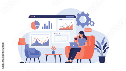 Female entrepreneur sitting in cozy orange armchair working on laptop while analyzing business performance charts and data dashboards.