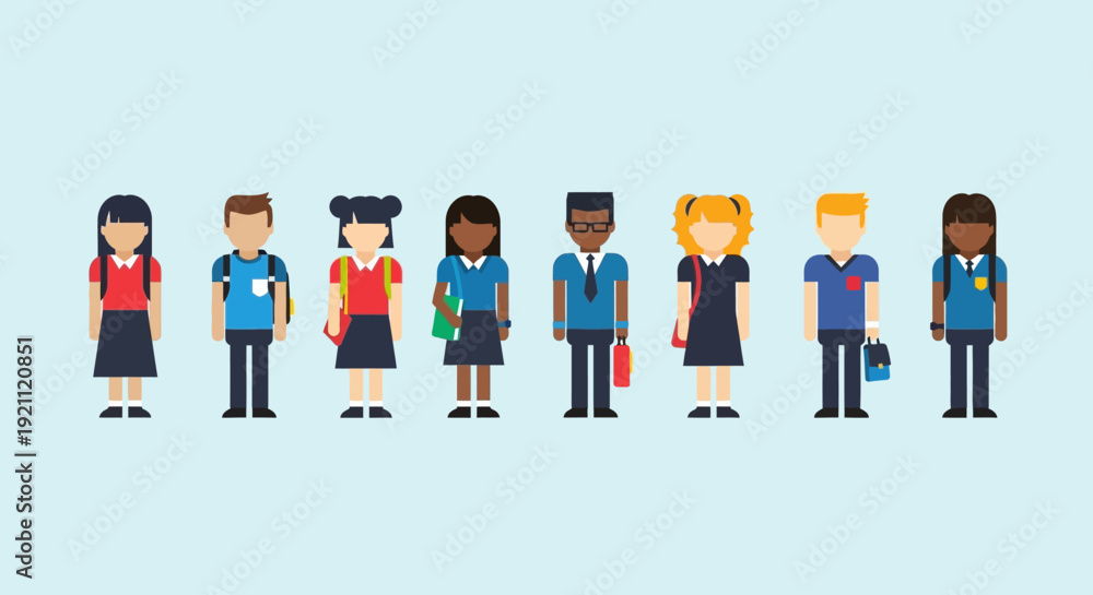 Fototapeta premium Diverse group of cartoon schoolchildren standing together.