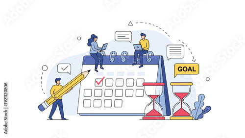Business team organizing tasks around giant calendar with hourglass and goal icons for effective time management and scheduling.