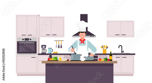 Chef Cooking in Modern Kitchen, Food Preparation, Culinary Arts, Vector Illustration