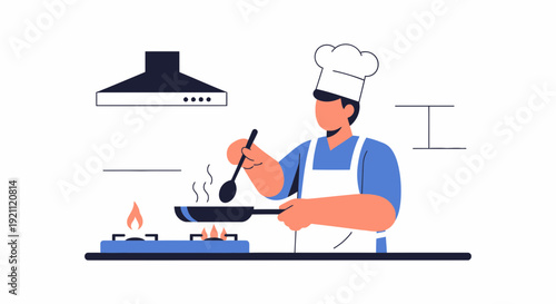 Chef Cooking Food on Stove Top in Modern Kitchen Flat Illustration