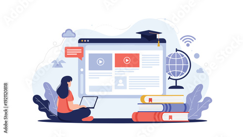 Young woman sitting on floor with laptop studying online courses with education books and digital classroom on monitor screen.