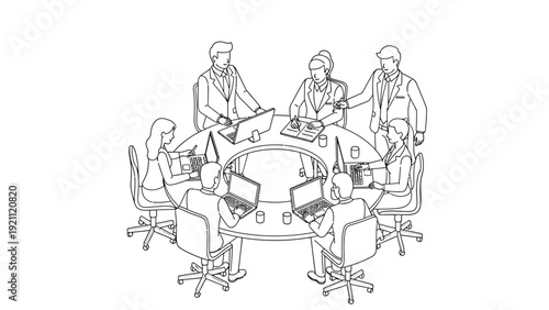 business professionals actively collaborating at a round table meeting using laptops to strategize illustrating corporate teamwork and efficiency.