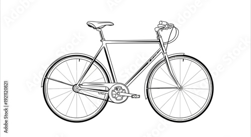 Classic Bicycle Line Art Drawing Isolated on White Background