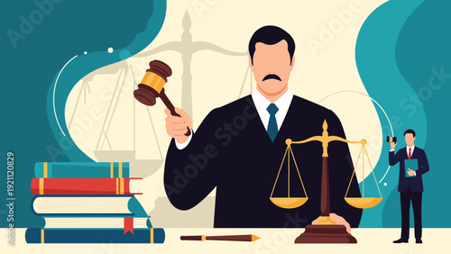 Serious judge in black robe holding wooden gavel sitting behind court desk with scales of justice and law books symbols.