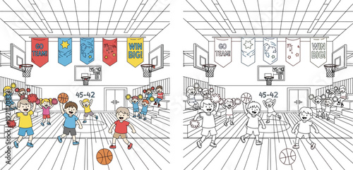 Kids playing basketball in school gym with cheerleaders, coloring book page vector illustration.