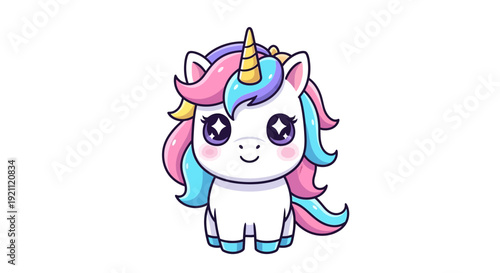 Adorable cartoon unicorn with colorful mane and pastel colors.