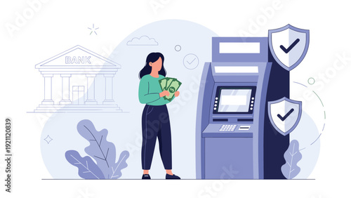 Woman holding dollar bills after withdrawing cash from an automated teller machine with secure bank building in background.