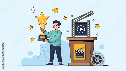 Smiling man holding a golden star award trophy on a stage with film reel and movie clapperboard symbols for cinema success.
