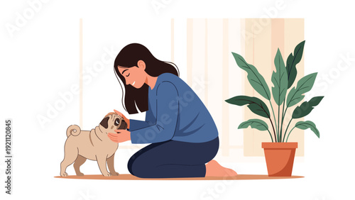 Young woman kneeling on the floor at home interacts affectionately with her pet pug dog near a large indoor plant.