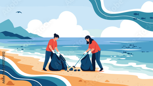 Dedicated environmental volunteers collect plastic waste and trash from a sandy beach to protect the ocean ecosystem.