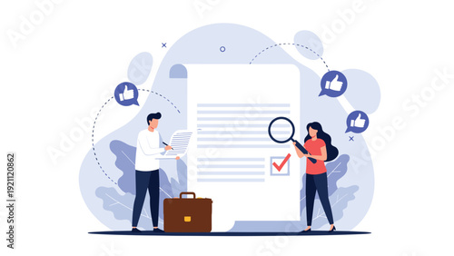 Professional team carefully reviews a legal document or contract using a magnifying glass to check details and approval.