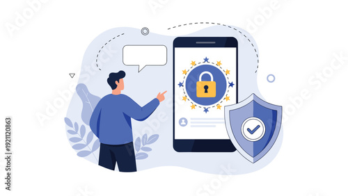 Concerned user secures his personal data on a smartphone using advanced digital protection and cybersecurity shield.