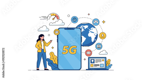 Businesswoman presents the high speed benefits of 5G mobile network technology with various global connectivity icons.