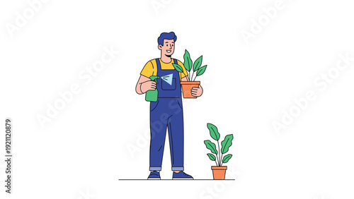 Professional gardener in blue overalls takes care of indoor plants by spraying them with water and holding a flower pot.