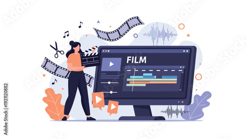 Creative video editor works on film production using professional software on a large computer monitor with icons.