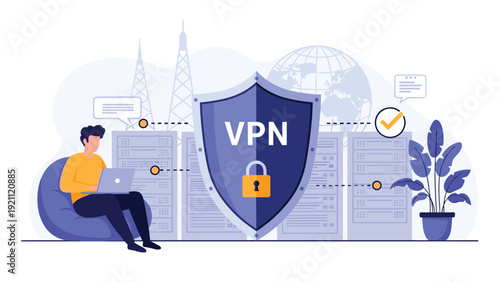 Man uses a secure VPN connection on his laptop to protect his online privacy and data from digital threats at home.