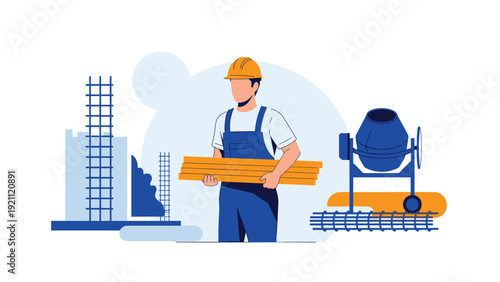 Professional construction worker in a safety helmet and overalls holds wooden planks at a busy building site.
