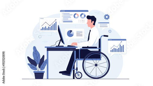 Professional analyst in a wheelchair works at a desk with multiple monitors displaying data charts and graphs.