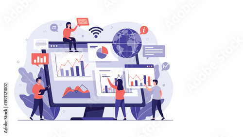 Collaborative team of analysts monitoring global data and business metrics on a large digital monitor in a modern office environment.