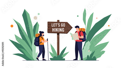 Young couple with backpacks standing by a wooden signpost ready to start their hiking adventure in a lush green mountain forest area.