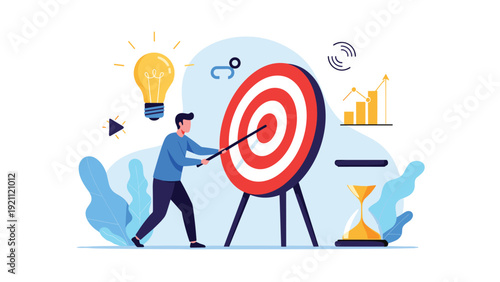 Motivated professional aiming a spear at a target to achieve business goals with symbols of time, creative ideas, and success nearby.