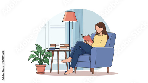 Peaceful woman enjoys a quiet afternoon reading a book while sitting in a comfortable blue armchair in her living room.