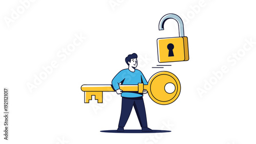 Person holding a large golden key to unlock a padlock representing digital security solutions, access, and successful problem solving.