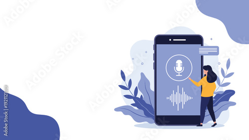 Woman using a voice recognition application on a large smartphone with sound waves and a microphone icon for modern communication.